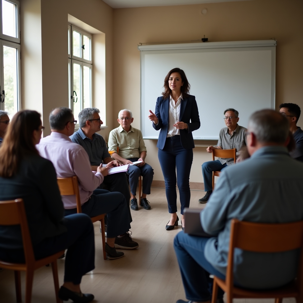 Community dialogue session with residents and development team in a Chilean neighborhood meeting room