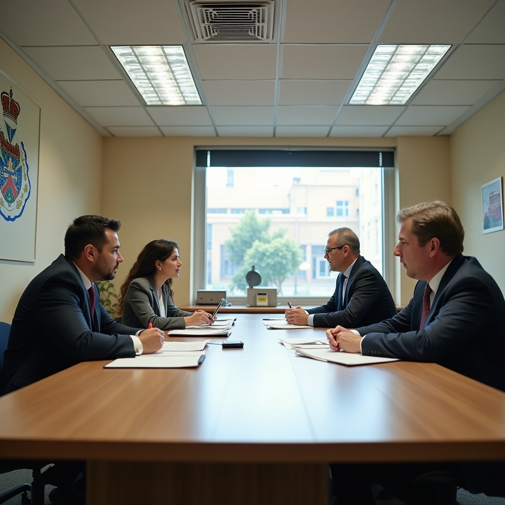 Professional meeting inside a Chilean municipal office with project representatives and local government officials at a conference table