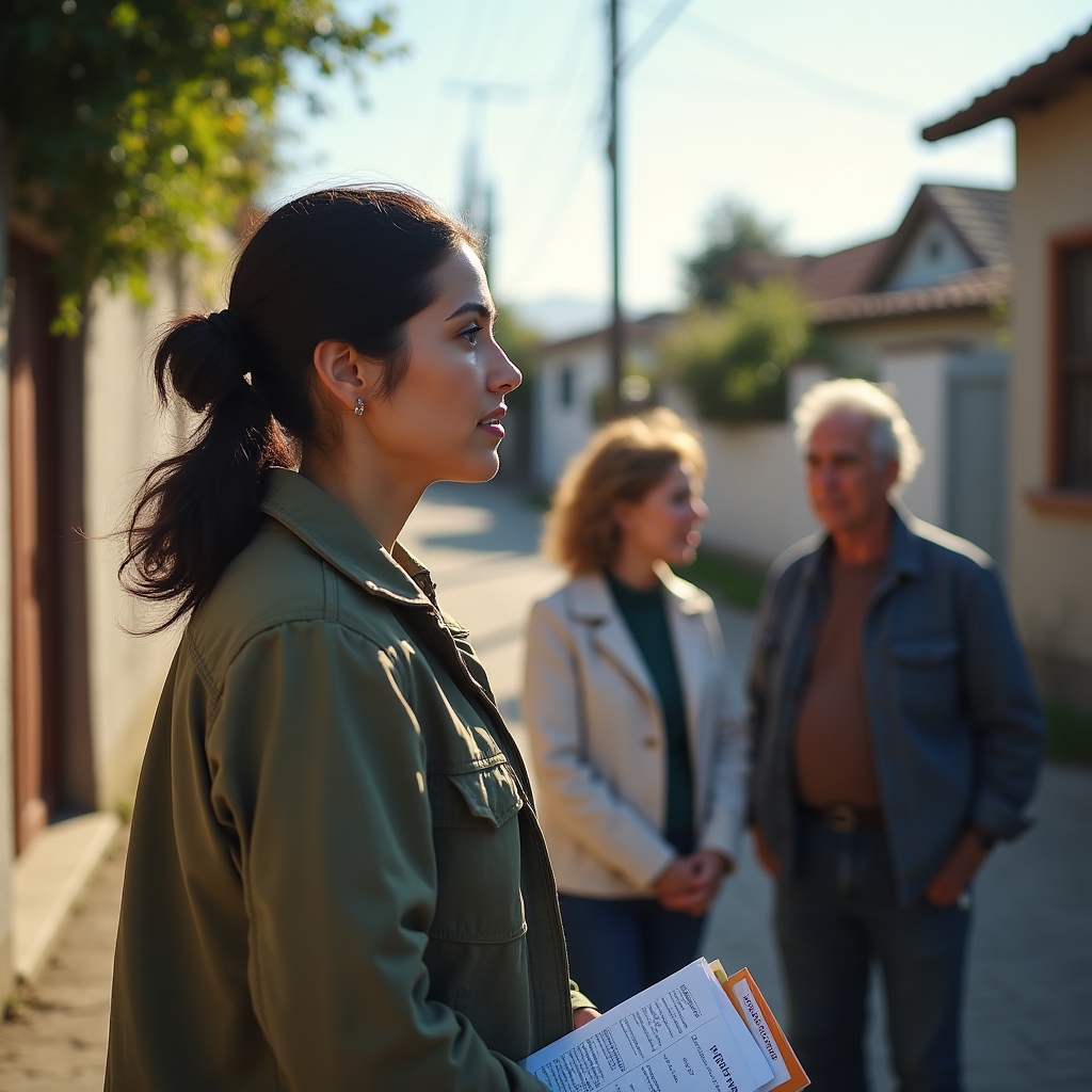 Community outreach worker speaking with local residents outside in a Chilean neighborhood during a project information session