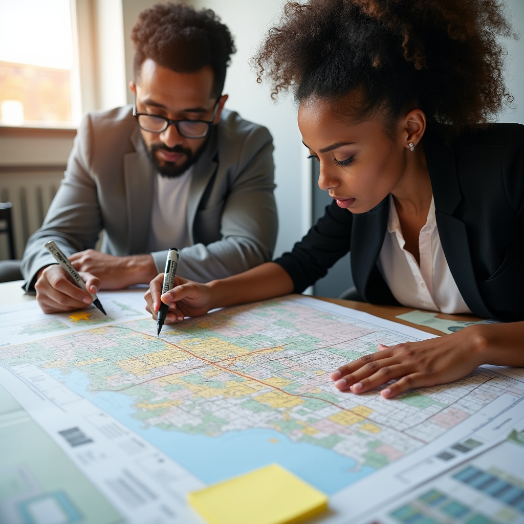 Profesionales de planificación urbana estudiando mapas territoriales y datos comunitarios durante una sesión de análisis de proyecto