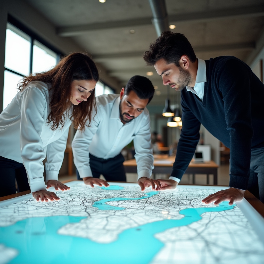 Professional team reviewing urban development plans and community maps in a modern office setting